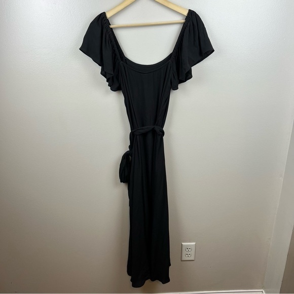 Rachel Pally Crepe Sibil Dress XS Black Square Neck Flutter Sleeve Tie Waist - Picture 3 of 12